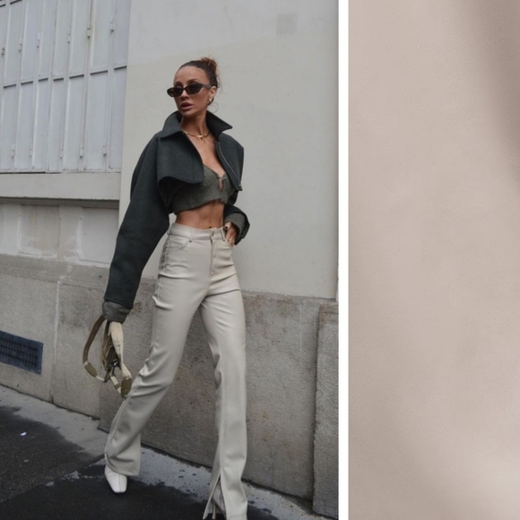 Bloggers Fave! NWOT Zara Cream Faux Leather Slim Flare Trousers With Slits - Picture 1 of 10
